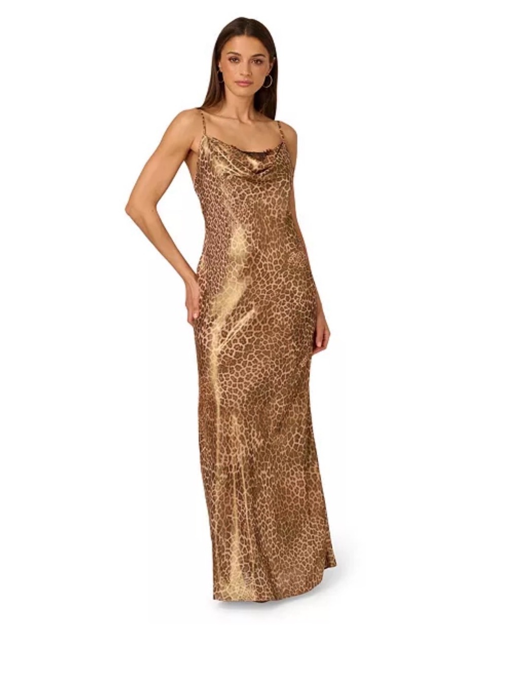Adrianna Papell Gold Brown Leopard Satin Slip Maxi Dress